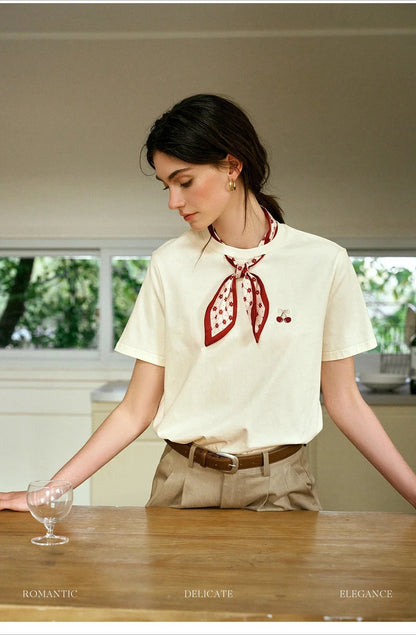 Women T-Shirt 2026 New Summer Neckline Hollow Tops French Style Silk Scarf with Embroidered Short-sleeved Tees O57XT96396
