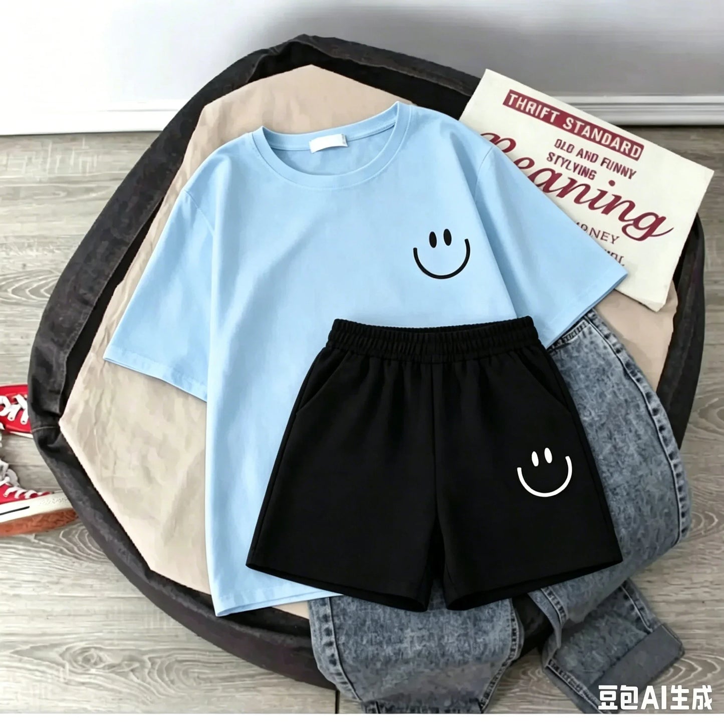 2026 New Summer Smiling Face Print Kids T-shirt Set Short-sleeved Pure Cotton Loose Basic Versatile Cool Simple Kids Outfit Tops
