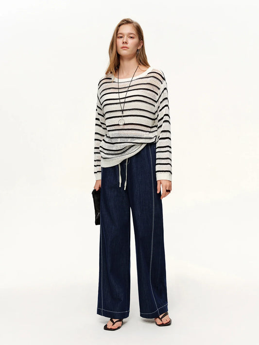 2026 Spring Women's Contrast Topstitching Straight Leg Jeans, Elastic Drawstring Waist Casual Pants for Y2K Street Style