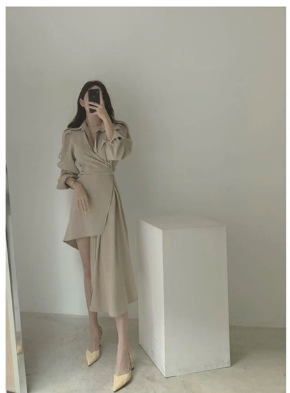 Early Autumn Shirt Dress Women's Mid-Length Asymmetrical Single-Button Notch Collar Slimming Style Commute Fashion