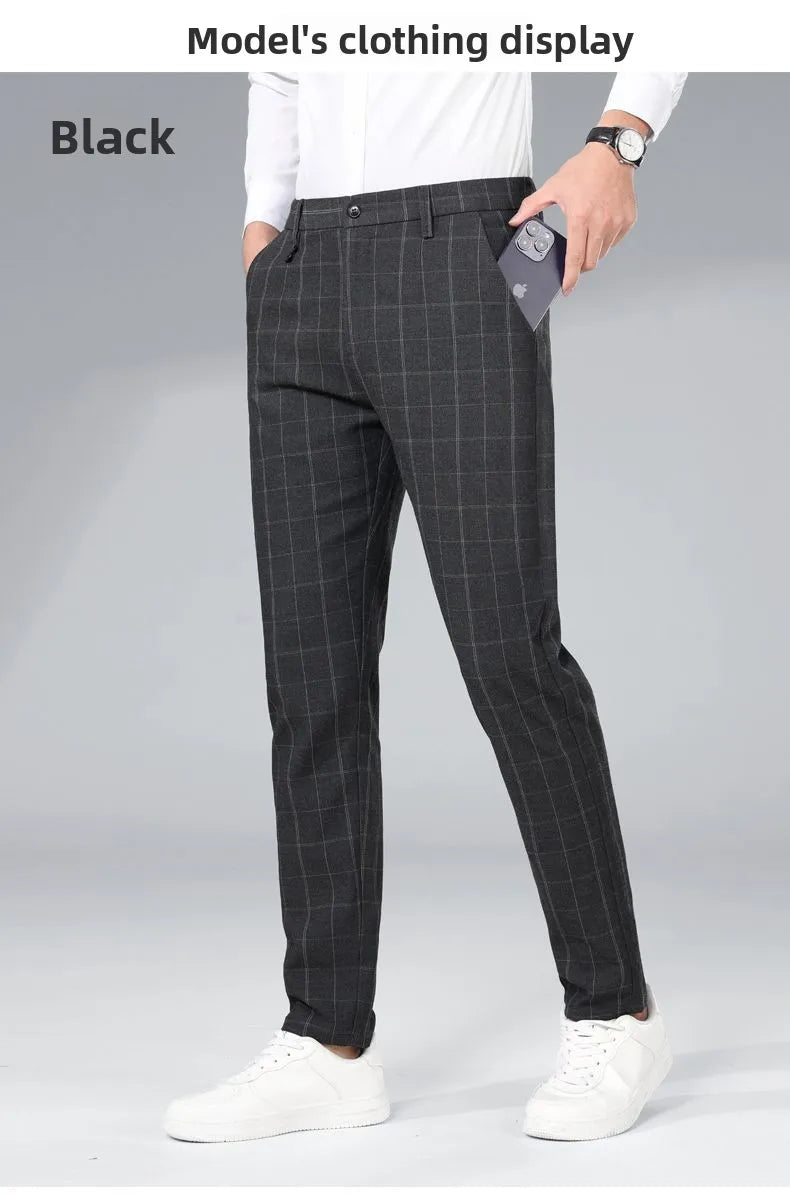 Autumn Winter Men's Business Casual Plaid Pants Korean Fashion Stretch Slim Fit Suit Pants Male Office Formal Versatile Trouser