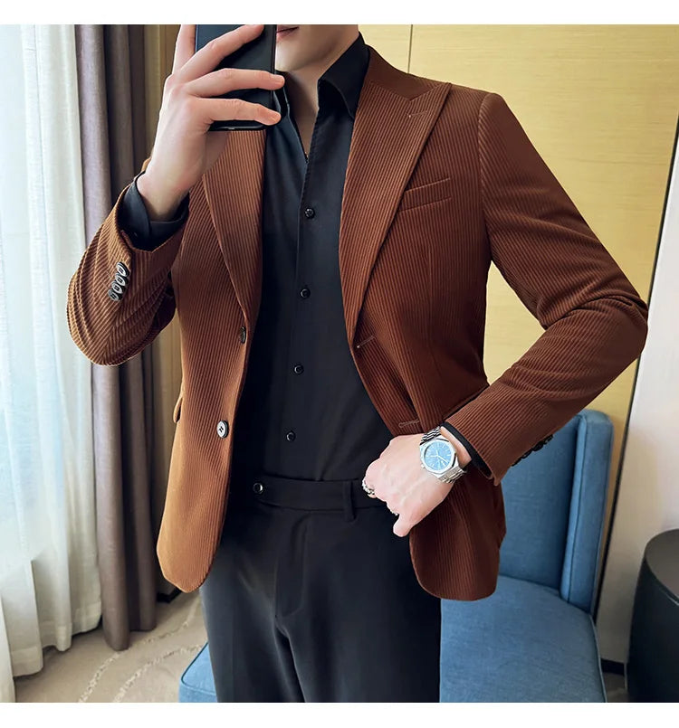 Stripe Suit Jacket For Men Autumn Winter Business Slim Fit Tailcoat Formal Wedding Party Fashion Casual Suit Coat 4XL-M