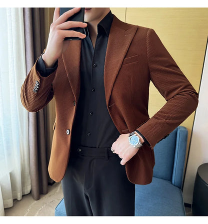 Stripe Suit Jacket For Men Autumn Winter Business Slim Fit Tailcoat Formal Wedding Party Fashion Casual Suit Coat 4XL-M