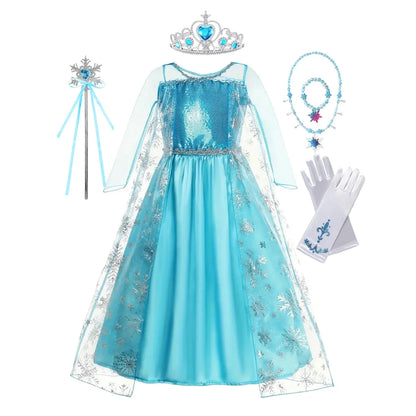 Girls Cosplay Snow Queen Elsa Snowflake Cape Costumes Kids Carnival Party Prom Gown Children Clothes Elsa Princess Dresses