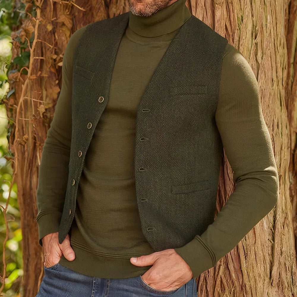 V Neck Slim Fit  Herringbone Men's Vest Single Breasted Men's Waistcoat For Wedding Groomsemen