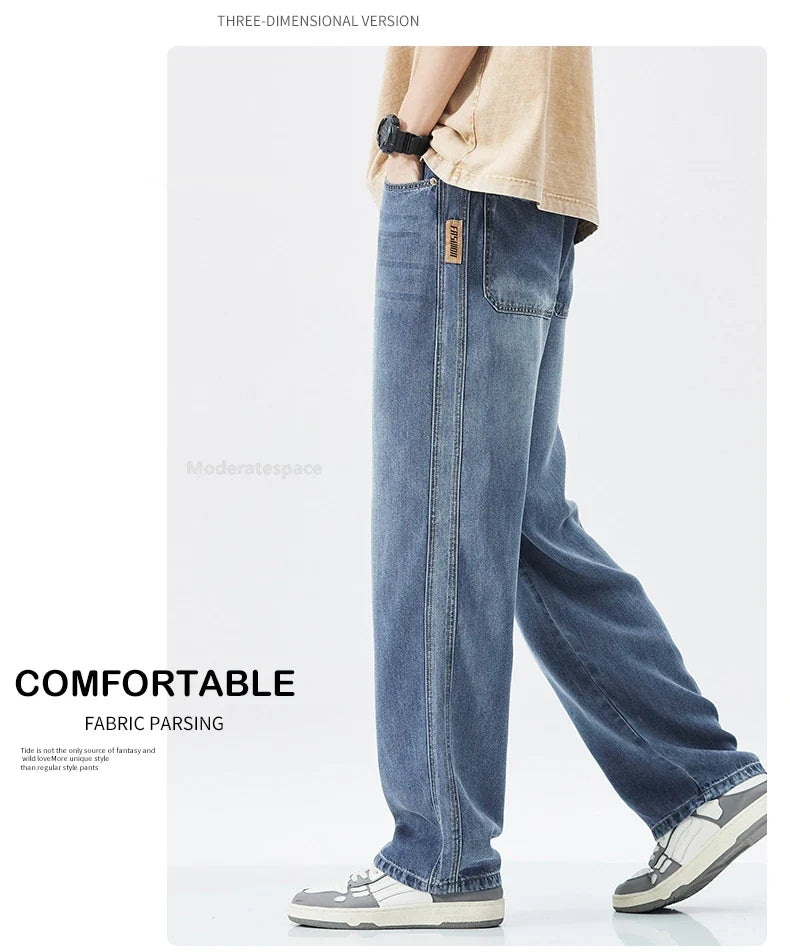 Stretch Jeans Men's 2024 New Lyocell Fabric High Quality Soft Loose Wide Pants Elastic Waist Casual Denim Trousers Streetwear