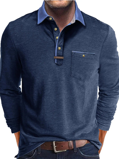 Plus Size Men's Long-Sleeve Polo Shirt Casual Fashion Men's Clothing OverSize Men's T-Shirt Solid Color Pullover Top