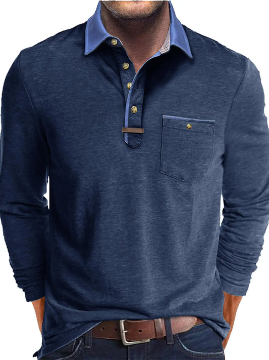 Plus Size Men's Long-Sleeve Polo Shirt Casual Fashion Men's Clothing OverSize Men's T-Shirt Solid Color Pullover Top