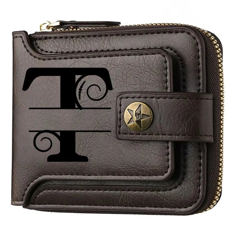 Men's Custom Wallet - Personalized Artificial Leather Men's Engraved Name and Letter Wallet, Father's Day Dad Gift, Brown