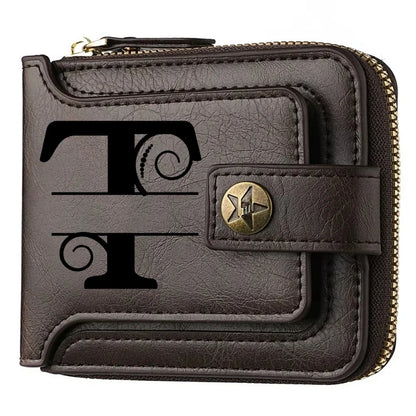 Men's Custom Wallet - Personalized Artificial Leather Men's Engraved Name and Letter Wallet, Father's Day Dad Gift, Brown