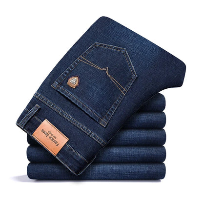 2024 autumn spring fitted straight stretch denim jeans classic style badge youth men's business casual jeans trousers