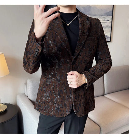 High Quality Plush Jacquard fashion Suit Jacket  Korean Version Slim Fit Business Retro Casual Social Wedding Suit Blazer 5XL-M