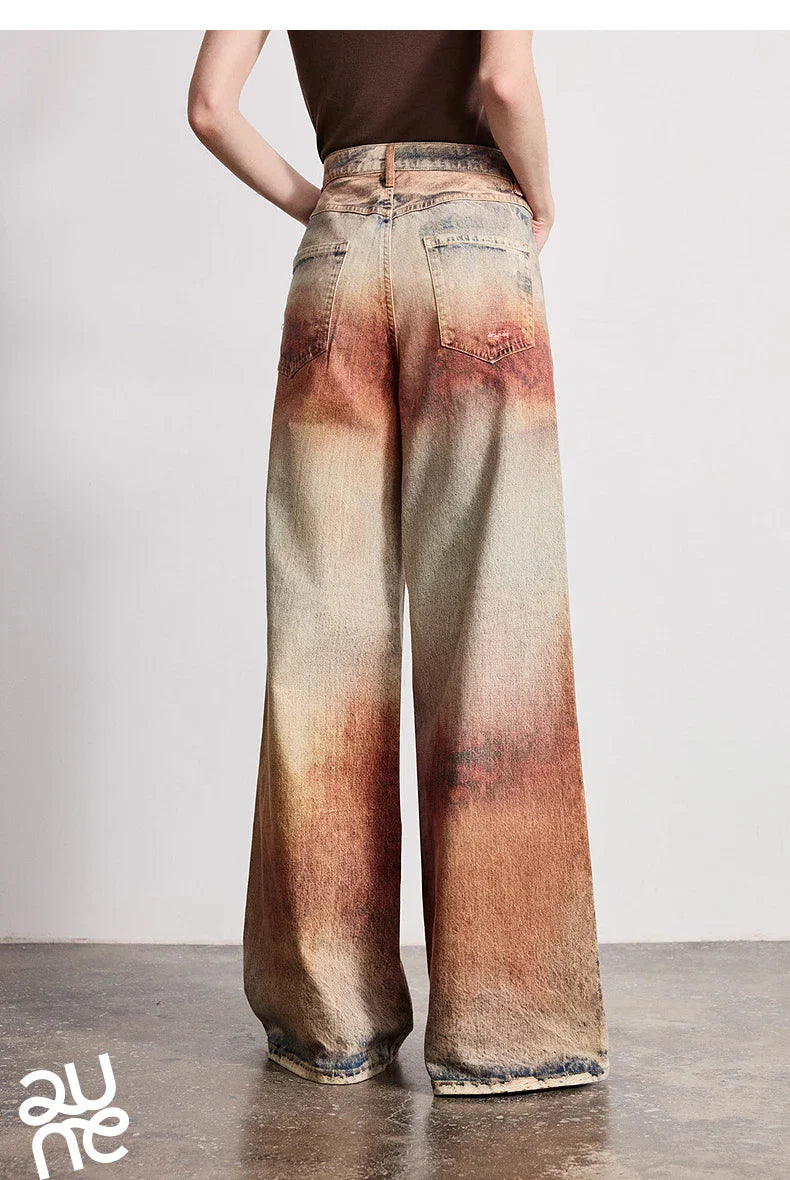 Women Jeans 2026 Spring New Wilderness Wasteland Style Mid Low Waist Loose Printed Wide Leg Pants