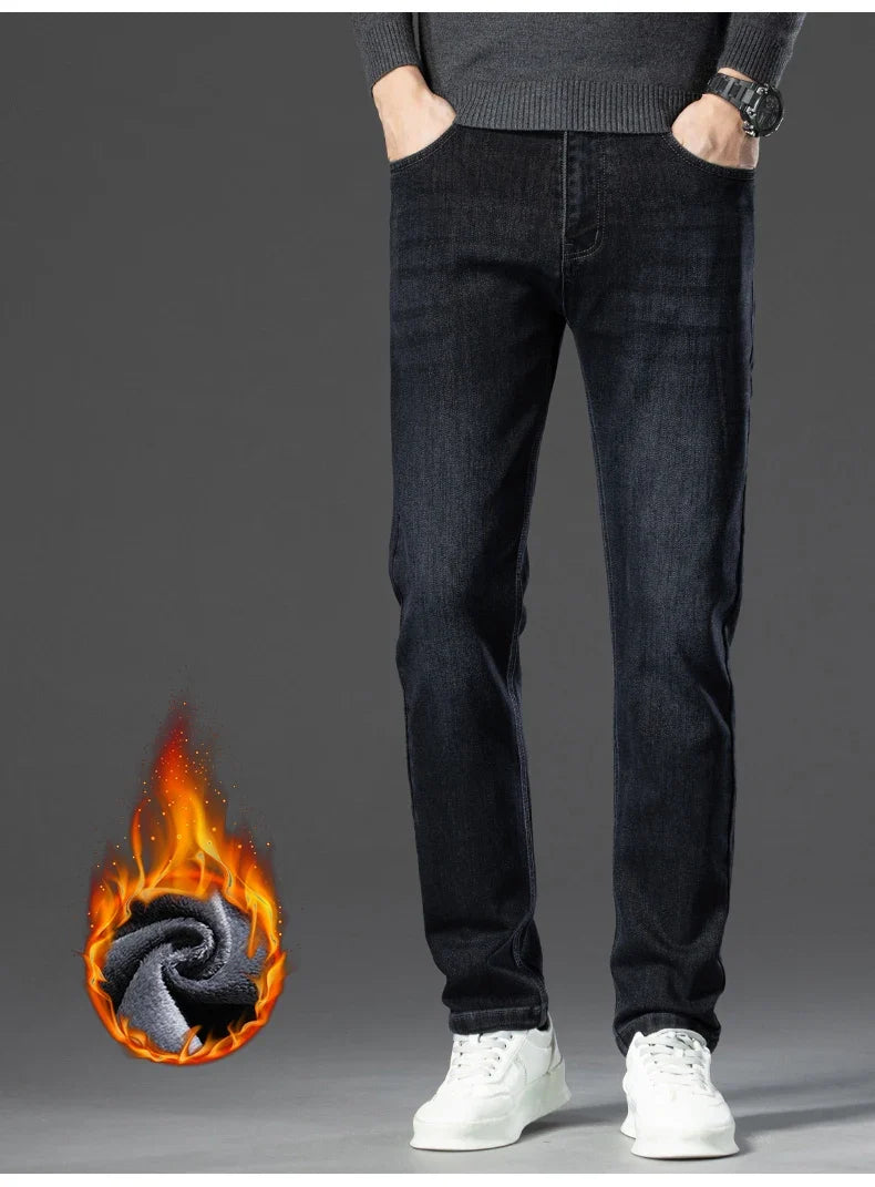 Winter Classic Business Men's Fleece Warm Jeans Straight Stretch Casual Thicken Denim Trousers Washed Fashion Velvet Male Pants