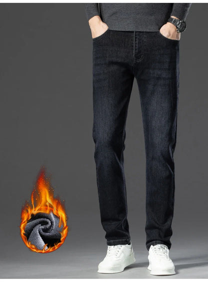 Winter Classic Business Men's Fleece Warm Jeans Straight Stretch Casual Thicken Denim Trousers Washed Fashion Velvet Male Pants