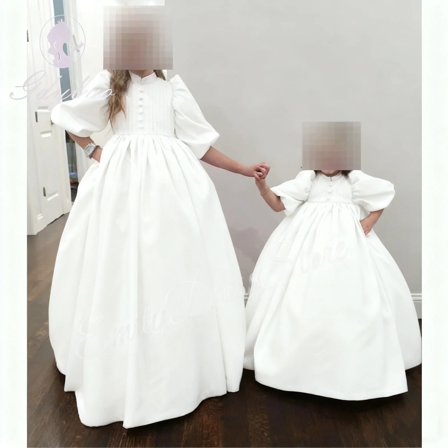 Pink Satin Puffy Flower Girl Dress For Wedding Long Sleeves High Neck First Communion Kids Birthday Party Dress Ball Gown