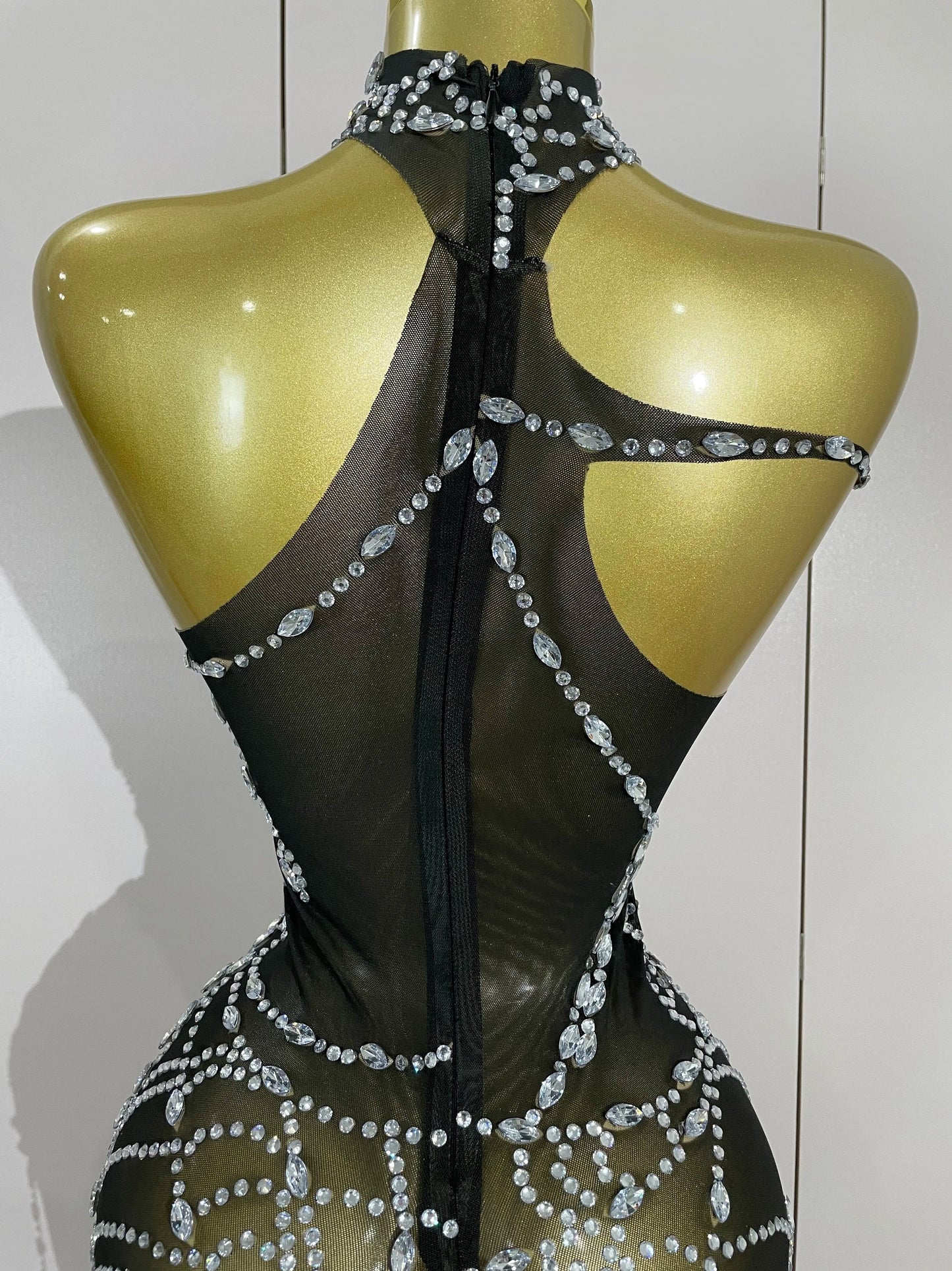 STOCK Sparkly Diamond Sexy Mesh Asymmetric Bodycon Mini Dress Women Nightclub Bar Party Show Gogo Dancer Clothing Stage Costume
