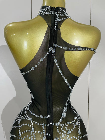 STOCK Sparkly Diamond Sexy Mesh Asymmetric Bodycon Mini Dress Women Nightclub Bar Party Show Gogo Dancer Clothing Stage Costume