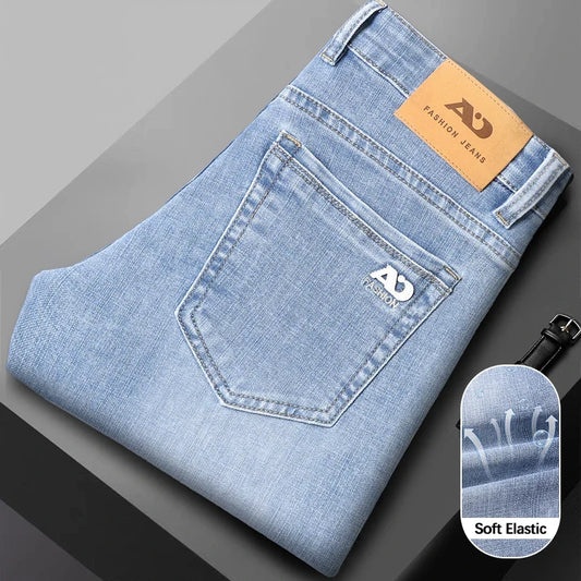 Fashion Light Blue Slim Straight Jeans Men's Spring Autumn Elastic Comfortable Denim Pants Korean Casual Business Trousers