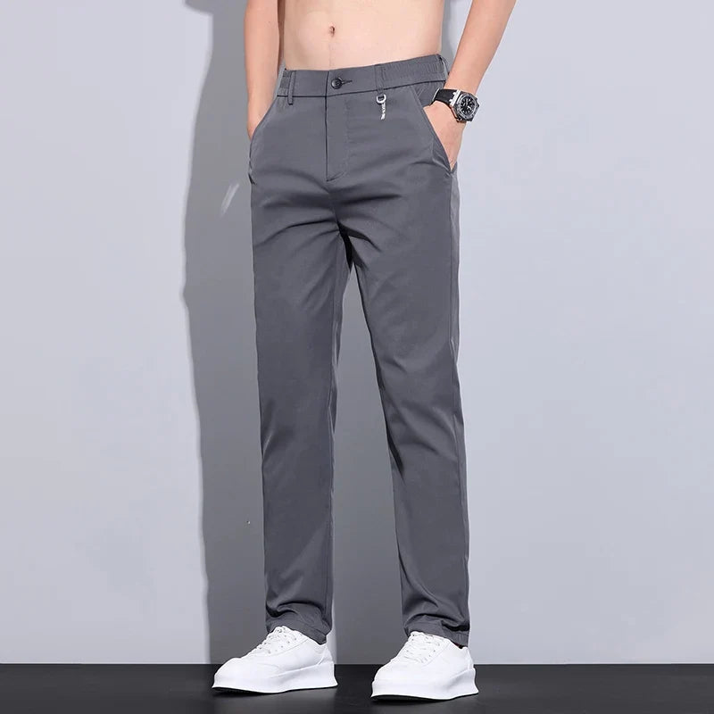 Spring Summer Thin Men's Slim Casual Pants Solid Color Elastic Waist Soft Breathable Business Straight Trousers Black Beige Gray