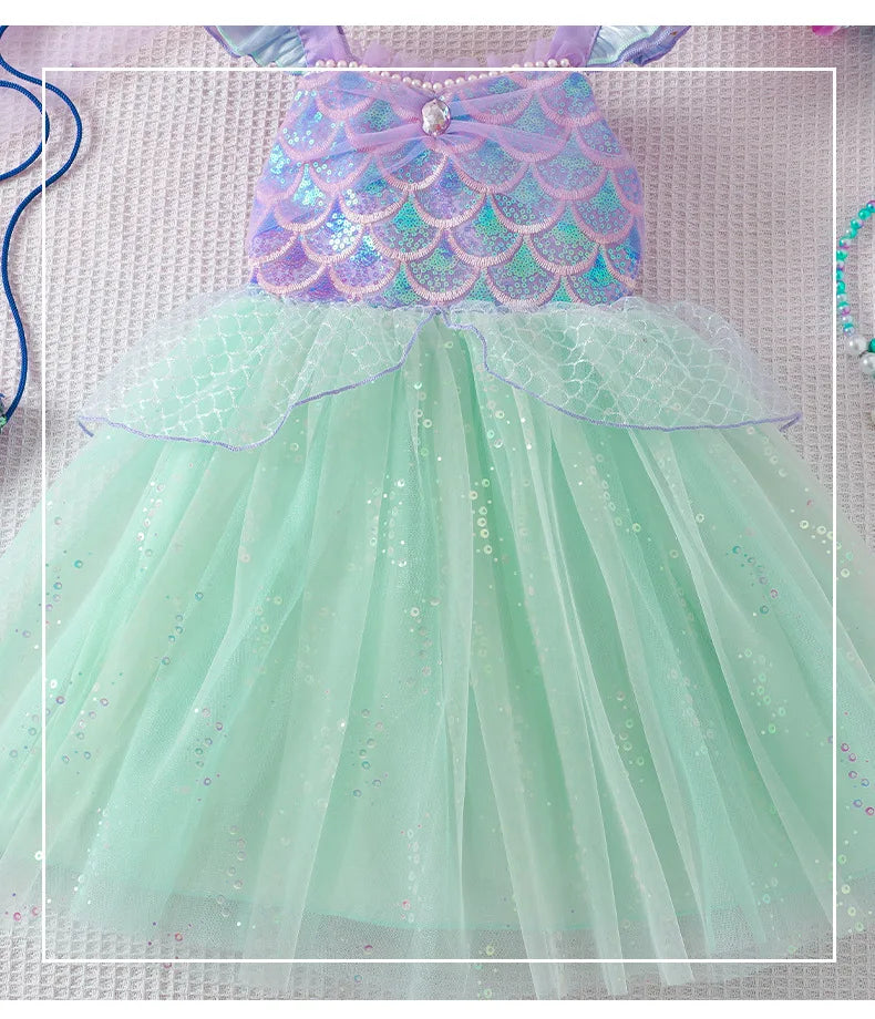 2025 Little Girls Mermaid Dress Ariel Party Clothing Casual Princess Birthday Outfit Wear Summer Elegant Gown
