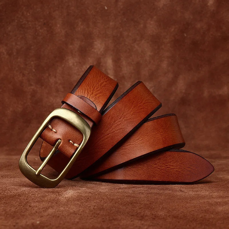 3.8 Width High Quality Pure Cowhide Thick Real Genuine Leather Men's Fashion Brass Buckle Belts Luxury Brand Jeans Belts for Men