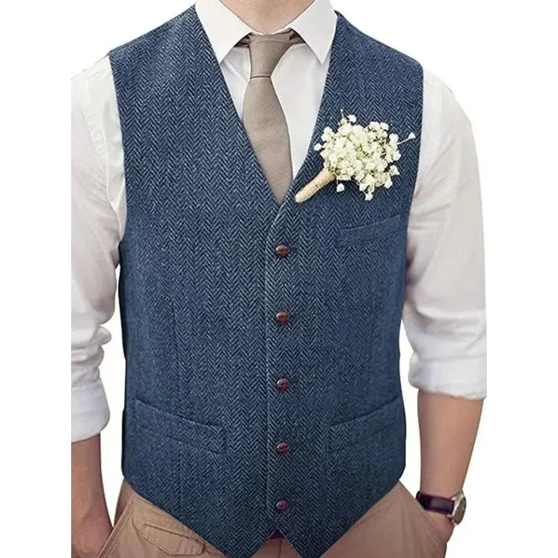 Men Vest Silver Herringbone V Neck Single Button Waistcoat For Wedding Banquet Birthday Business Casual Work Men Suit