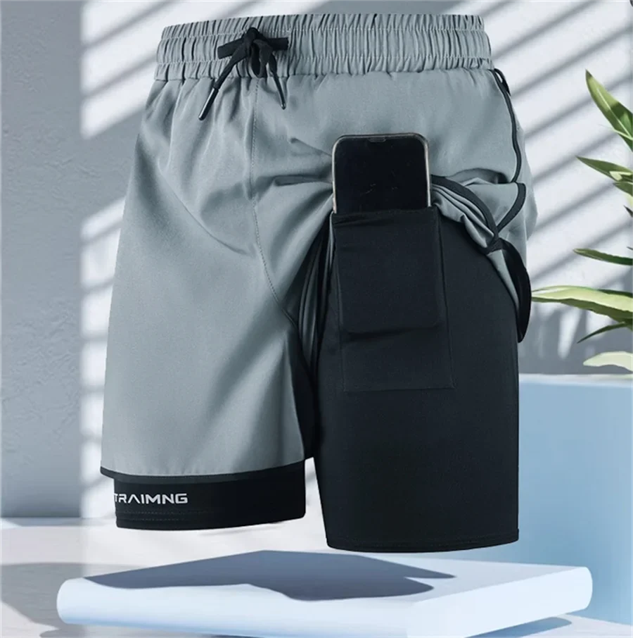 Men Fitness Built-in pocket sports Shorts Summer 2 In 1 Quick Dry Gym Beach shorts Running Double-deck Shorts Outdoor sweatpants