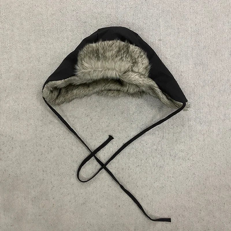 Y2K Star Patch Wool Like Lined Lei Feng Hat Unisex Black Autumn Winter Warm Ear Protection Trapper Hat for Outdoor Activities