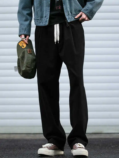 Spring Summer Cargo Pants Men Cotton Enzyme Wash Distressed Loose Fit Straight Leg Khaki Drawstring Elastic Waist Casual Pants