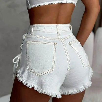 HOUZHOU Women's Cross-strap Shorts White Sexy High-Waisted Slim-Fit Denim Shorts Summer High Street Wrapped Hip Short Jeans