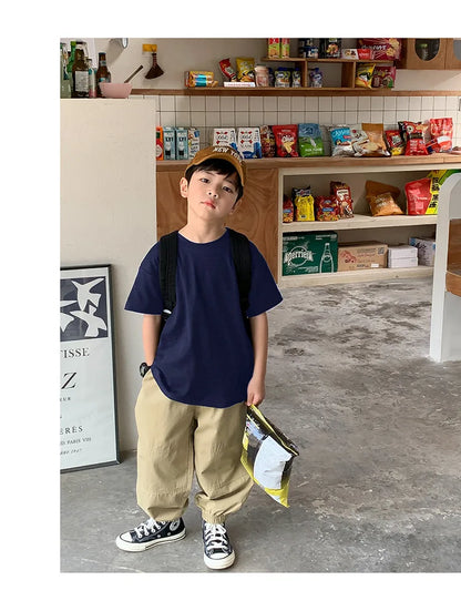 Summer Casual School Kids Cotton Plain Tee Tops Baby and Boys Short-Sleeved T-Shirt Children Outfit Clothing 1-16 Years
