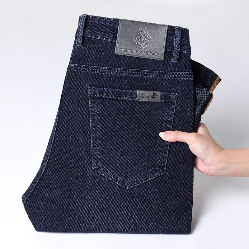Classic Straight Men's Jeans Spring Slightly Thick Elastic Casual Office Business Trousers Fashion Comfort Washed Denim Pants