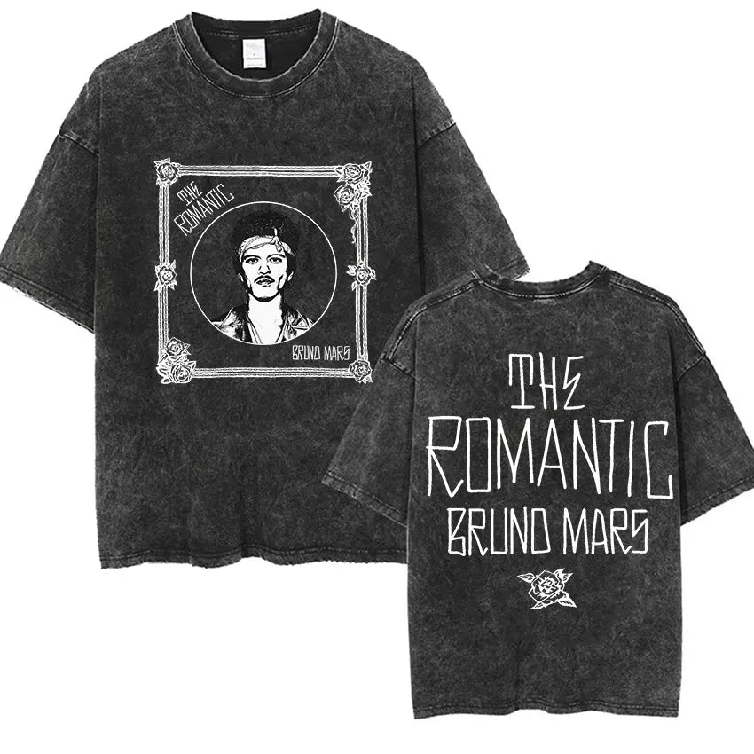 Bruno Mars The Romantic Tour 2026 Vintage Washed T Shirts Men's Women Punk Gothic Fashion Cotton Short Sleeve T-Shirt Streetwear