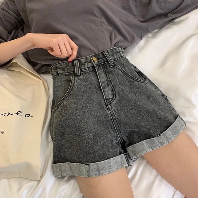 Women's Denim Shorts Wide With Belt High Waist Female Short Jeans Pants Trend 2025 New In Offer Aesthetic Hot Elasticty Outfits