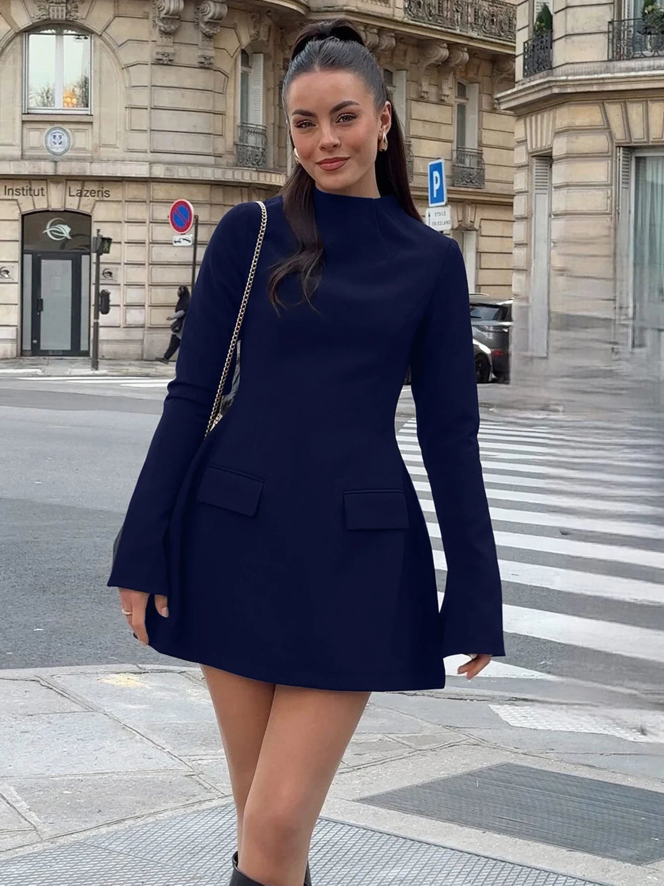 Long Sleeves Zipper Bodycon Mini Dress With Pocket Solid Elegant Outfit Office Streetwear Women’S Autumn Winter Clothes