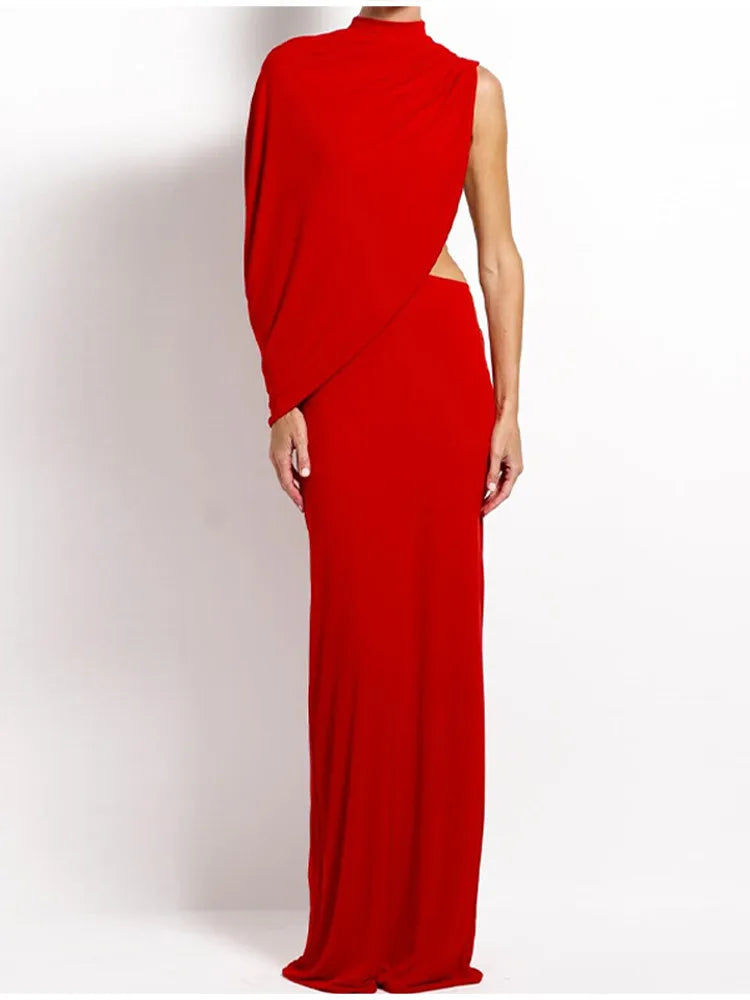 Red Asymmetrical Draped Backless Maxi Dress One Shoulder High Neck Cutout Bodycon Evening Gown For Women Formal Party