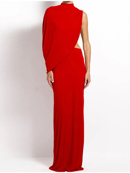 Red Asymmetrical Draped Backless Maxi Dress One Shoulder High Neck Cutout Bodycon Evening Gown For Women Formal Party