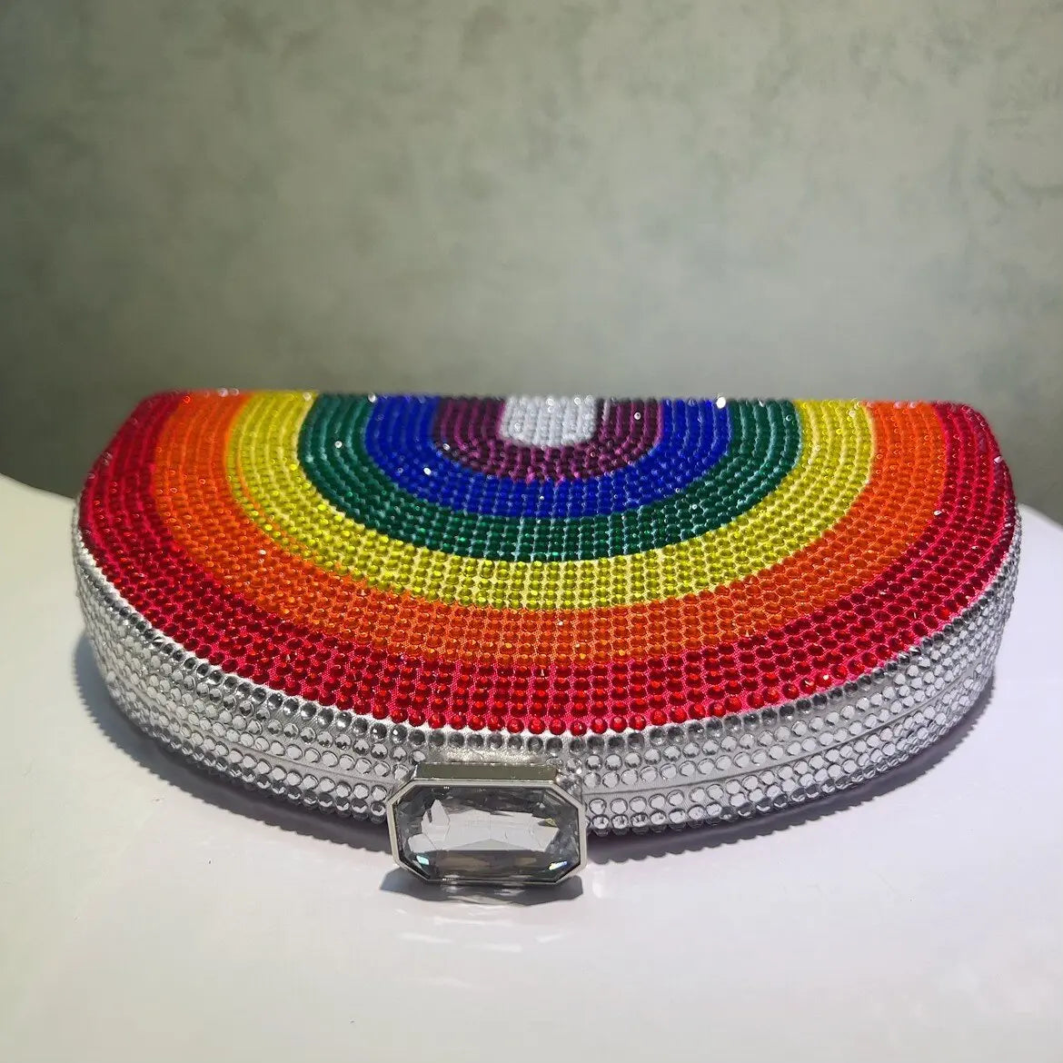 Rainbow Color Crystal Evening Clutch Bags Wedding Party Chain Bag Women Boutique Half Moon Rhinestone Purses And Handbags