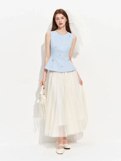 Women's Sleeveless Round Neck Beaded Vest Blouse Elegant Light Formal Top 2026 Summer Ceremony Wedding Bridesmaid