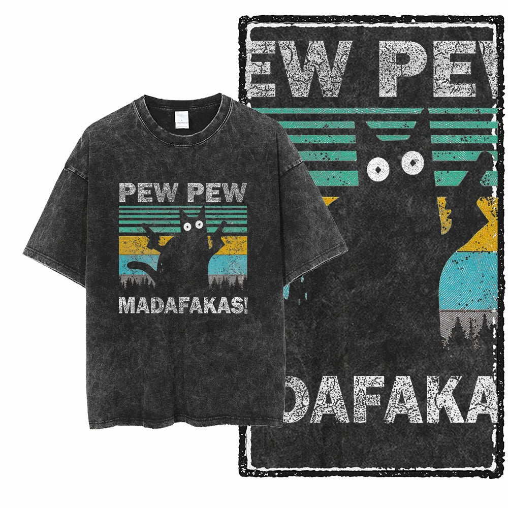 Cat Printed Cotton Acid Washed Exclusive Graphic Unisex T Shirt Cool Streetwear Men Tshirts Big Size Tee for Men