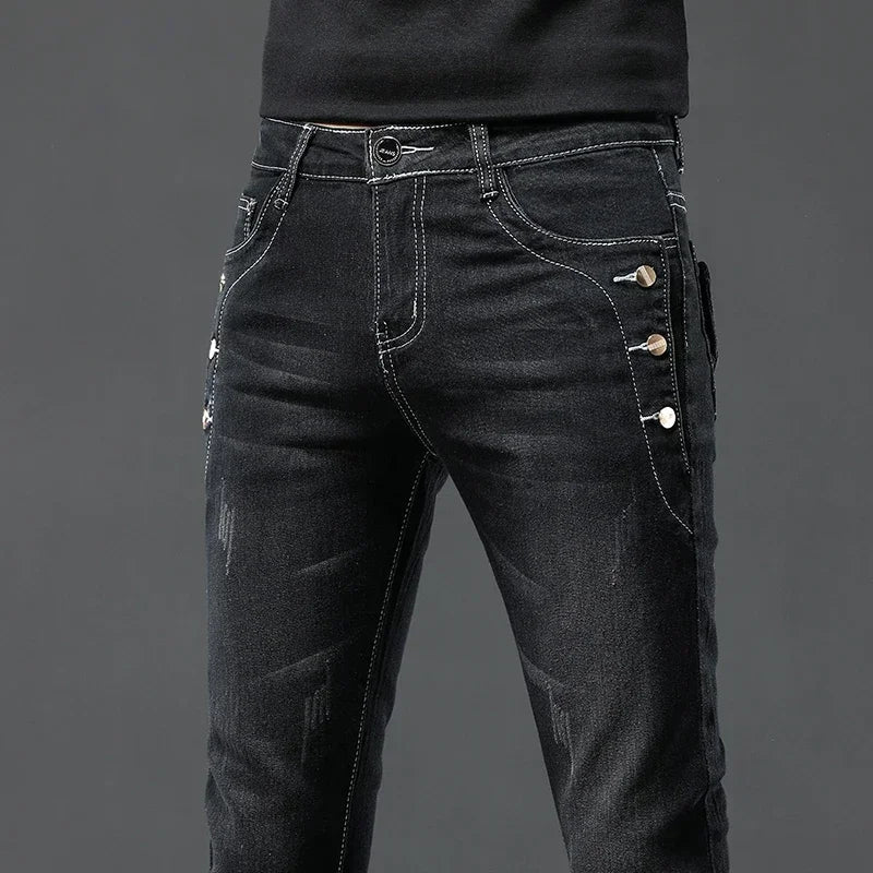 Men's Vintage Jeans Designer Korean Fashion Snowflake Wash Stretch Straight Pencil Pants Classic Slim Male Denim Trousers