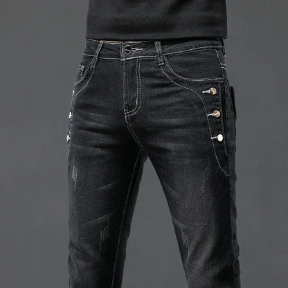 Men's Vintage Jeans Designer Korean Fashion Snowflake Wash Stretch Straight Pencil Pants Classic Slim Male Denim Trousers