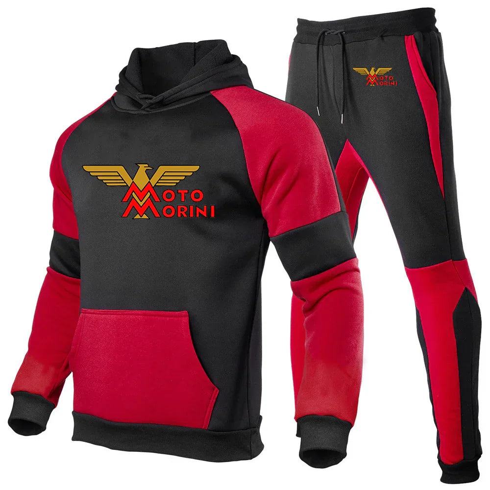 2024 Spring Autumn Men's Moto Morini Logo Print Sports Splicing Cotton Hooded Tracksuit+Jogging Sweatpants Trend Comfortable Set