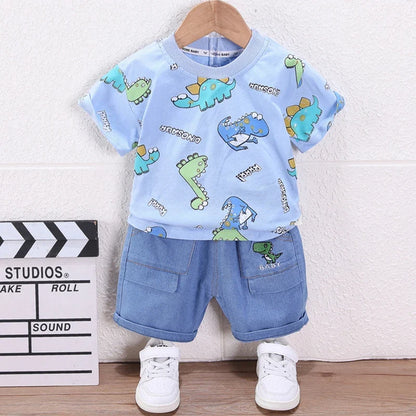 Summer Toddler Clothes Suit Full Print Dinosaur Pattern Short Sleeved Tshirt&shorts Set For Outdwear Tracksuit Boys Clothes Suit