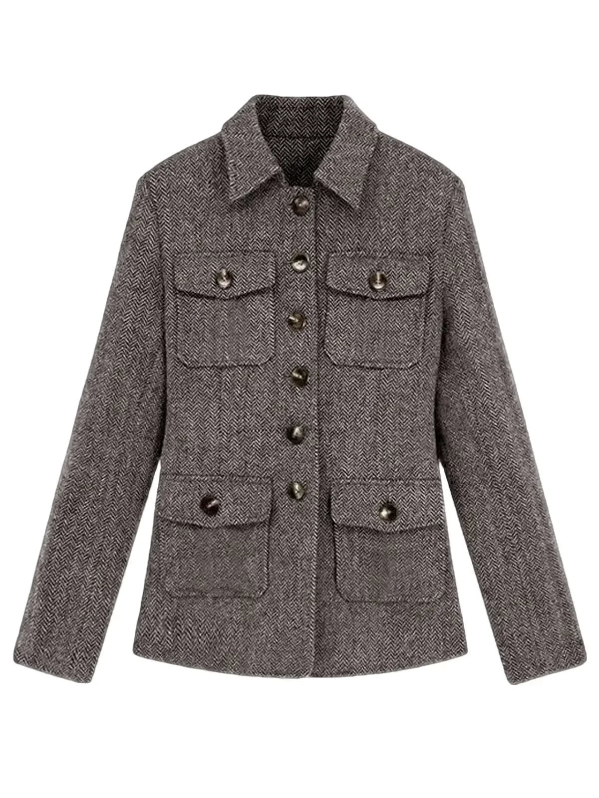Men's Herringbone Wool Blend Blazer Jacket Notch Collar Utility Multi-Pocket Casual Overcoat For Spring Autumn