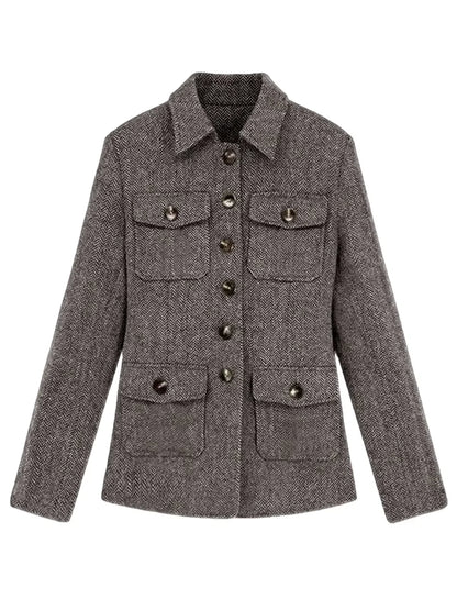 Men's Herringbone Wool Blend Blazer Jacket Notch Collar Utility Multi-Pocket Casual Overcoat For Spring Autumn