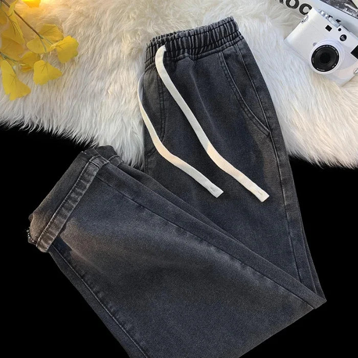 Casual Jeans Men's Baggy Straight Elastic Waist Drawstring Korea Fashion Male Vintage Denim Trousers Streetwear 3XL