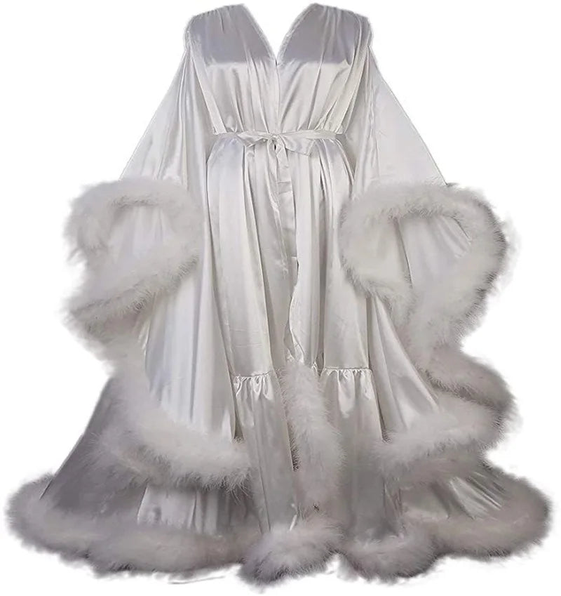 Feather Satin Women Prom Dress Sexy V Neck Full Sleeves Satin Wedding Sleepwear Evening Gown Customized Formal Bridal Robe