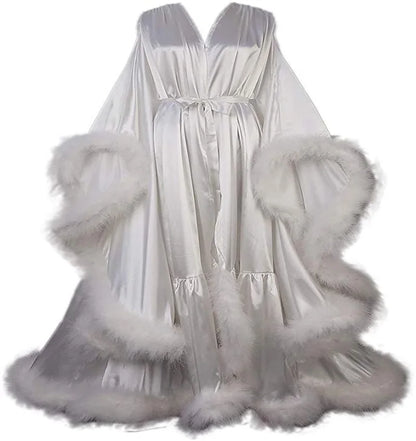 Feather Satin Women Prom Dress Sexy V Neck Full Sleeves Satin Wedding Sleepwear Evening Gown Customized Formal Bridal Robe